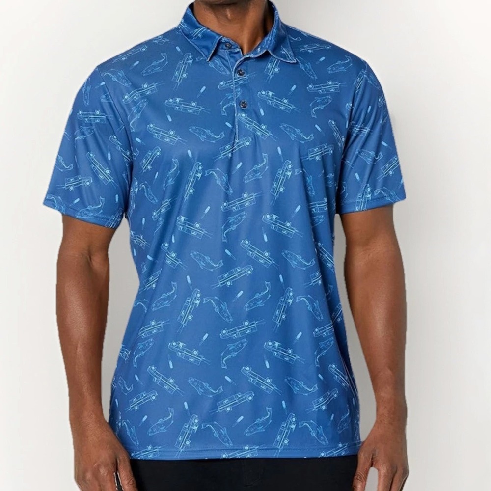 Huk NEW Pursuit Fish Wagon Polo Mens Large‎ Blue Short Sleeve UPF 50+